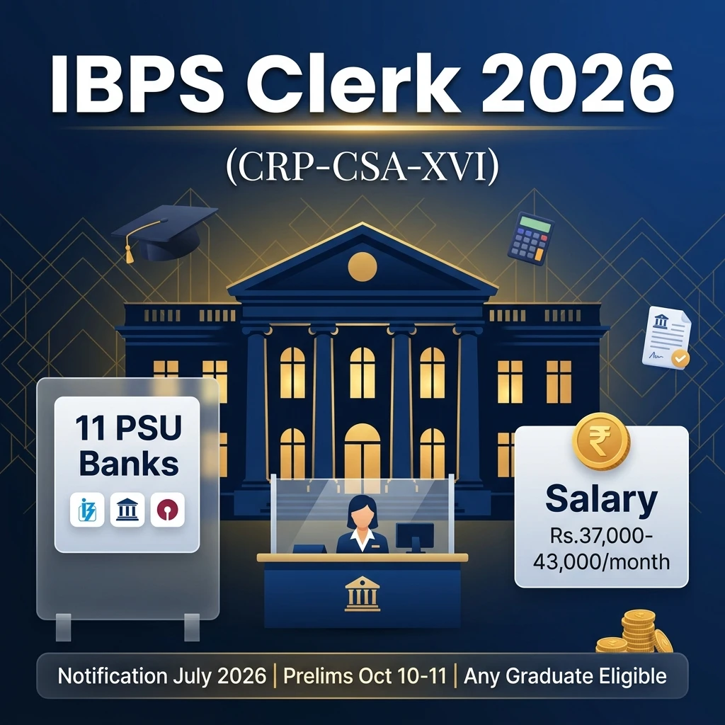 IBPS Clerk 2026 Complete Guide: Notification, Vacancies, Eligibility, Syllabus, Salary & Preparation Strategy - Complete Guide, Preparation Strategy, Syllabus, Exam Pattern, Eligibility, Dates, Salary, Books, Tips for Government Job Exam 2026
